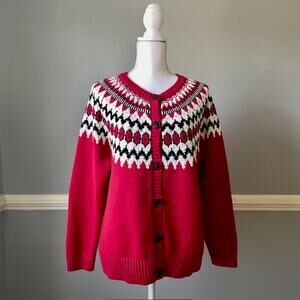 Talbots Plus 1X Red Fair Isle Cardigan Cotton Blend Nordic Sweater